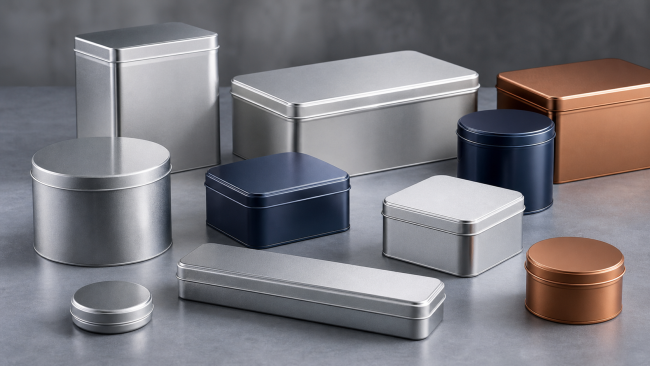 Farklı şekil ve ölçülerde endüstriyel metal ambalaj kutuları